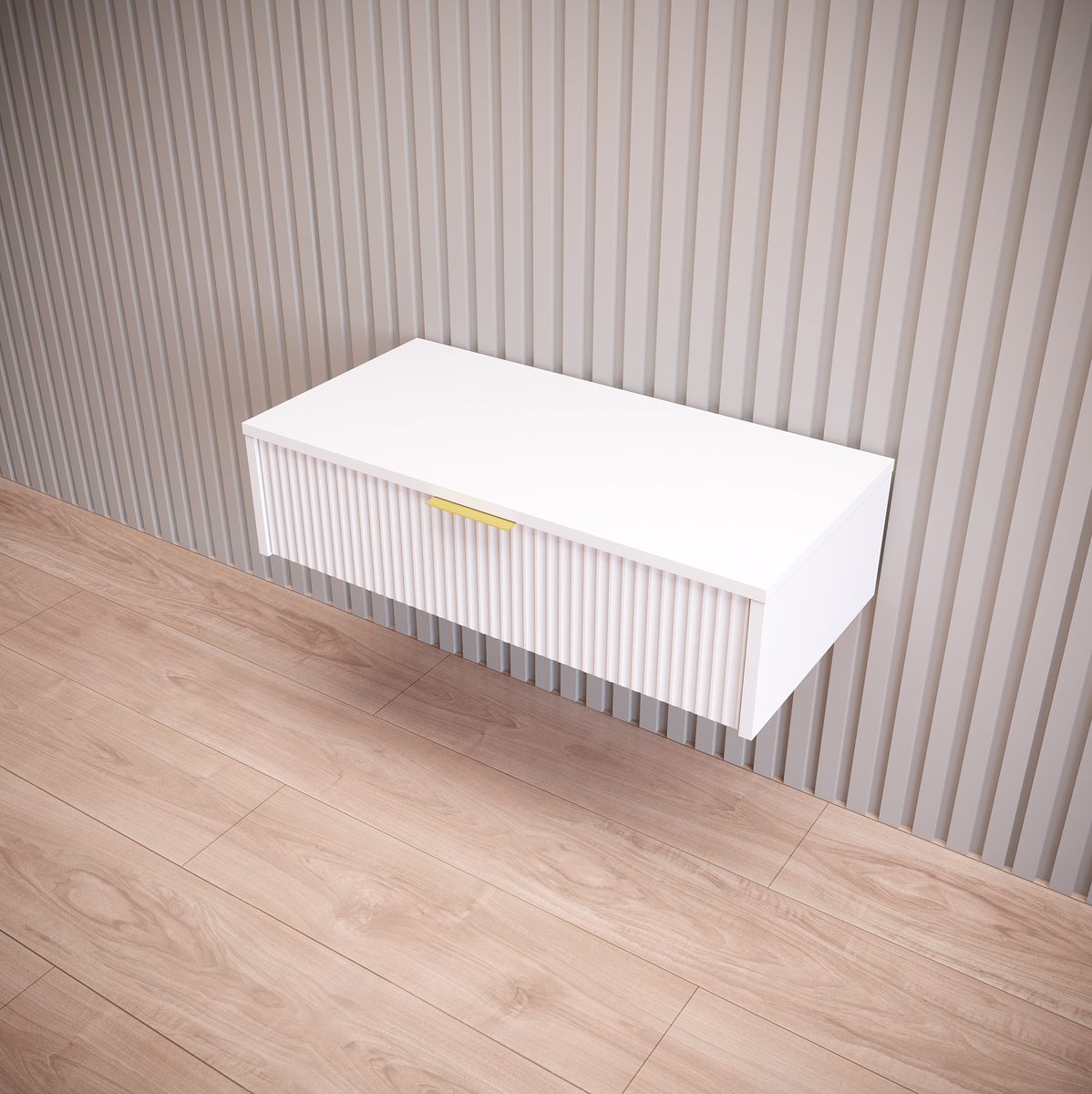 На рендере изображена подвесная белая тумба с минималистичным дизайном. Она имеет прямоугольную форму и оснащена выдвижным ящиком с золотой ручкой. Тумба крепится к стене, создавая эффект парения. Фон выполнен в виде вертикальных реек, а пол - из светлого дерева.