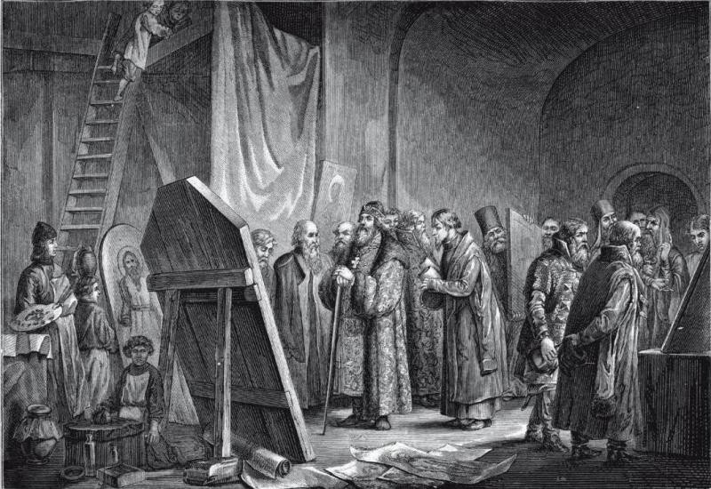 Великий князь Московский осматривает работы иконописцев. Иллюстрация журнала "Нива".