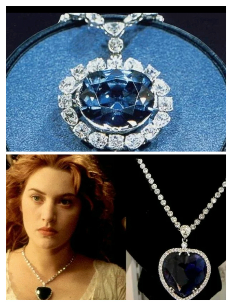 Вверху реально существующий алмаз "Хоупа", внизу придуманный Джеймсом Кэмероном алмаз " Сердце океана"