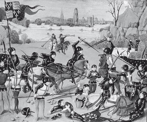 Неизвестный автор. Битва при Азенкуре. XV век. «Хроники аббатства Сент-Олбанс» Томаса Уолсингема. Библиотека Ламбет-Палас, Лондон