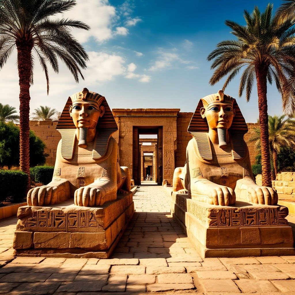 Андросфинксы, охраняющие вход во дворец (нейросеть)