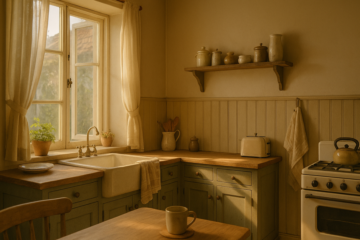 "Уютная кухня, тёплый свет, мягкие фактуры, винтажные детали, без людей. Мирно. День."