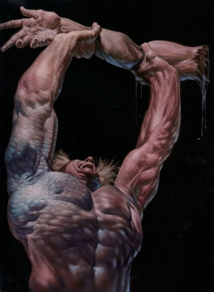 На концепт-арте Берсеркер оторвал руку Бифитеру. Обратите внимание, как кожа на его правой стороне становится чешуйчатой.