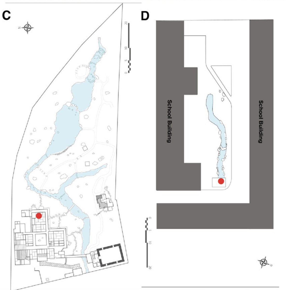 C) План участка сада Мурин-ан, предоставленный Томоки Като. (D) План участка сада Киотского университета (предоставленный Тянькаем Ляном).