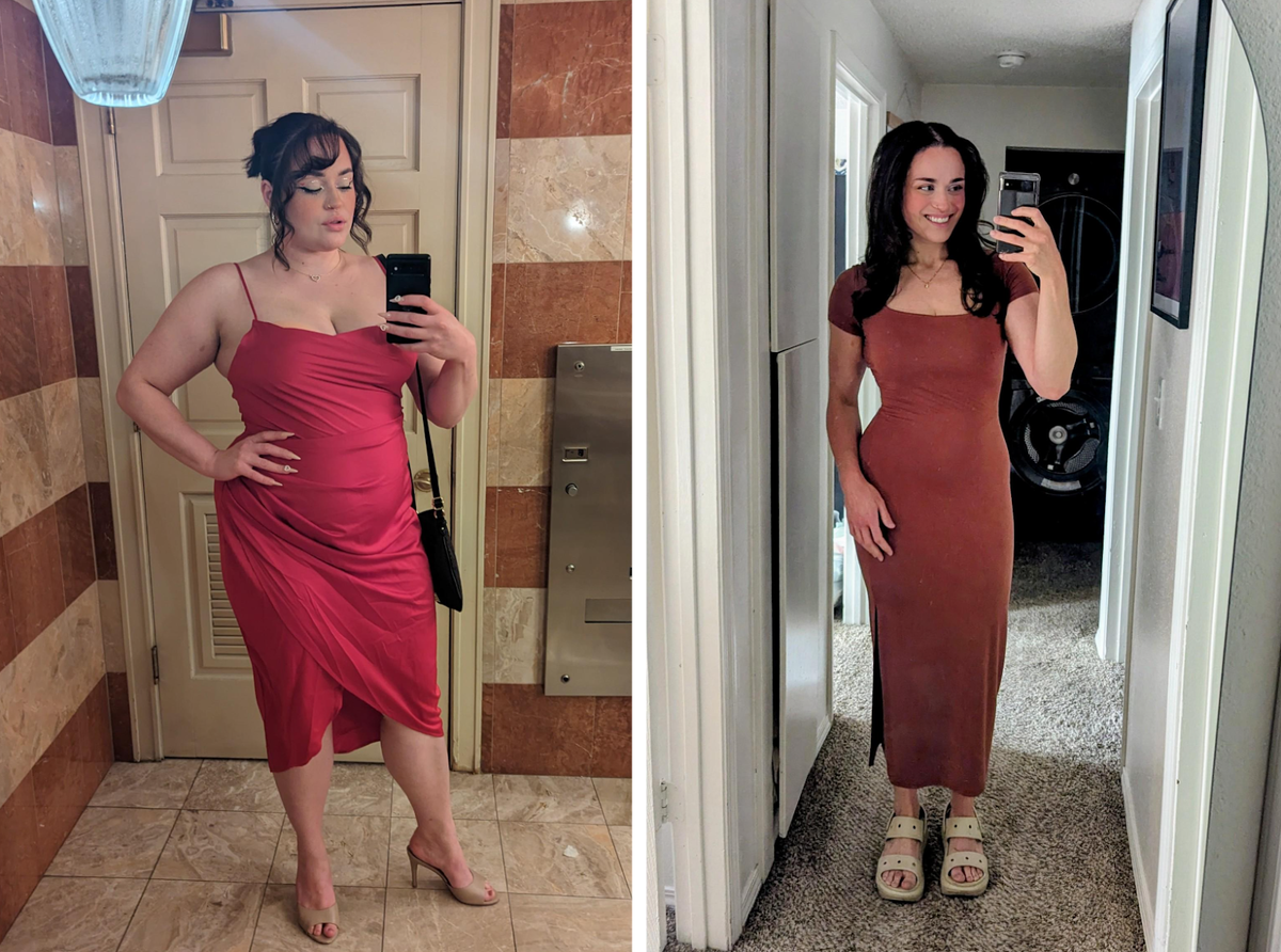 слева — то самое "предательское" платье. Справа — новое, и уже на новой фигуре спустя год. И сидит идеально!
