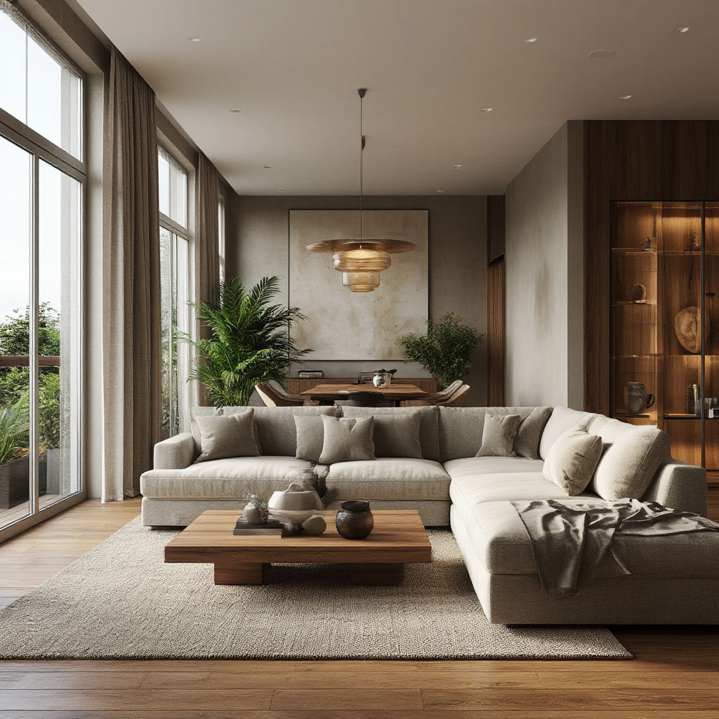 На рендере представлена современная гостиная в светлых и нейтральных тонах. 
В центре комнаты расположен большой Г-образный диван светло-серого цвета с мягкими подушками. На диване лежит плед, добавляющий уюта.
Перед диваном стоит деревянный журнальный столик с минималистичным дизайном. На столике находятся декоративные элементы: керамические вазы и чаши. Пол покрыт светлым ковром, который гармонирует с общей цветовой гаммой комнаты.
Большое окно с прозрачными шторами пропускает много естественного света, создавая ощущение простора.
На стене за диваном висит абстрактная картина в тёплых бежевых тонах, которая добавляет акцент в интерьер.
Над столом висит стильная подвесная лампа с несколькими ярусами, выполненная в современном стиле.
В глубине комнаты виден обеденный стол с деревянной столешницей и стульями.
По бокам стола расположены высокие растения в горшках, добавляющие зелени и свежести в интерьер.
Комната выглядит уютной, стильной и функциональной, идеально подходящей для отдыха и приема гостей.