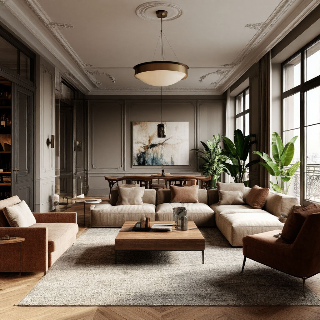На рендере изображен стильный, современный интерьер гостиной с элементами классики, в бежево-коричневых тонах.
Композиция сцены представляет собой уютную гостиную с мягкой мебелью, светлым ковром и растениями в горшках.  Акцент сделан на просторном пространстве и элегантной обстановке. Диван, кресло и журнальный столик расположены таким образом, чтобы создать ощущение комфорта и расслабленности. Мебель выполнена в современном стиле, с простыми формами и удобными сиденьями.  Журнальный столик имеет простую прямоугольную форму и изящные ножки.  Растения добавляют природный акцент в интерьер.
Цветовая палитра спокойная и сдержанная, с акцентами на натуральных оттенках коричневого и бежевого.  Качество изображения высокое, детализация хорошая, все элементы выглядят реалистично.
Интерьер расположен в просторной комнате с высокими потолками, большими окнами, которые дают много естественного света, что создаёт ощущение простора и легкости. Освещение представлено подвесным светильником с металлическим основанием и мягким абажуром, который гармонично вписывается в общий стиль комнаты. На стенах светло-серый оттенок, на полу - деревянный паркет с узором.  Вся обстановка продуманная, создающая атмосферу респектабельности и комфорта.