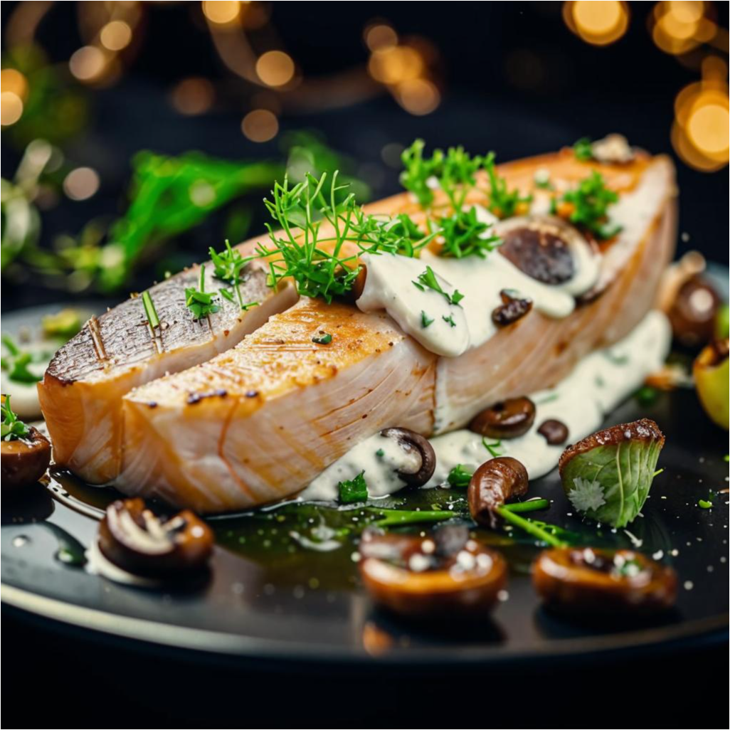 рыба запеченная под сметанно грибным соусом