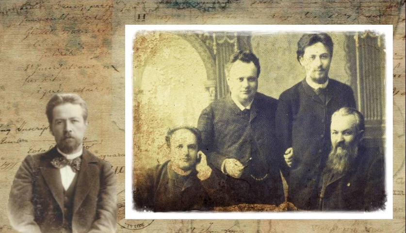 На фотографии изображены слева направо: актер Павел Матвеевич Свободин, актер Владимир Николаевич Давыдов, который держит под руку Антона Павловича Чехова, и издатель, публицист и критик Алексей Сергеевич Суворин. Декабрь 1888 год.