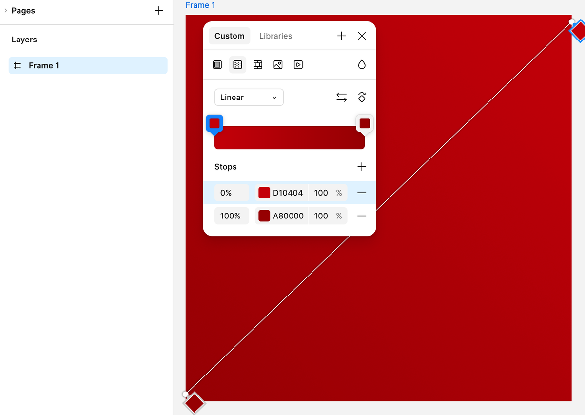 Создайте квадратный фрейм (клавиша F) размером 2000х2000, залейте его линейным градиентом с небольшой разницей в цвете.