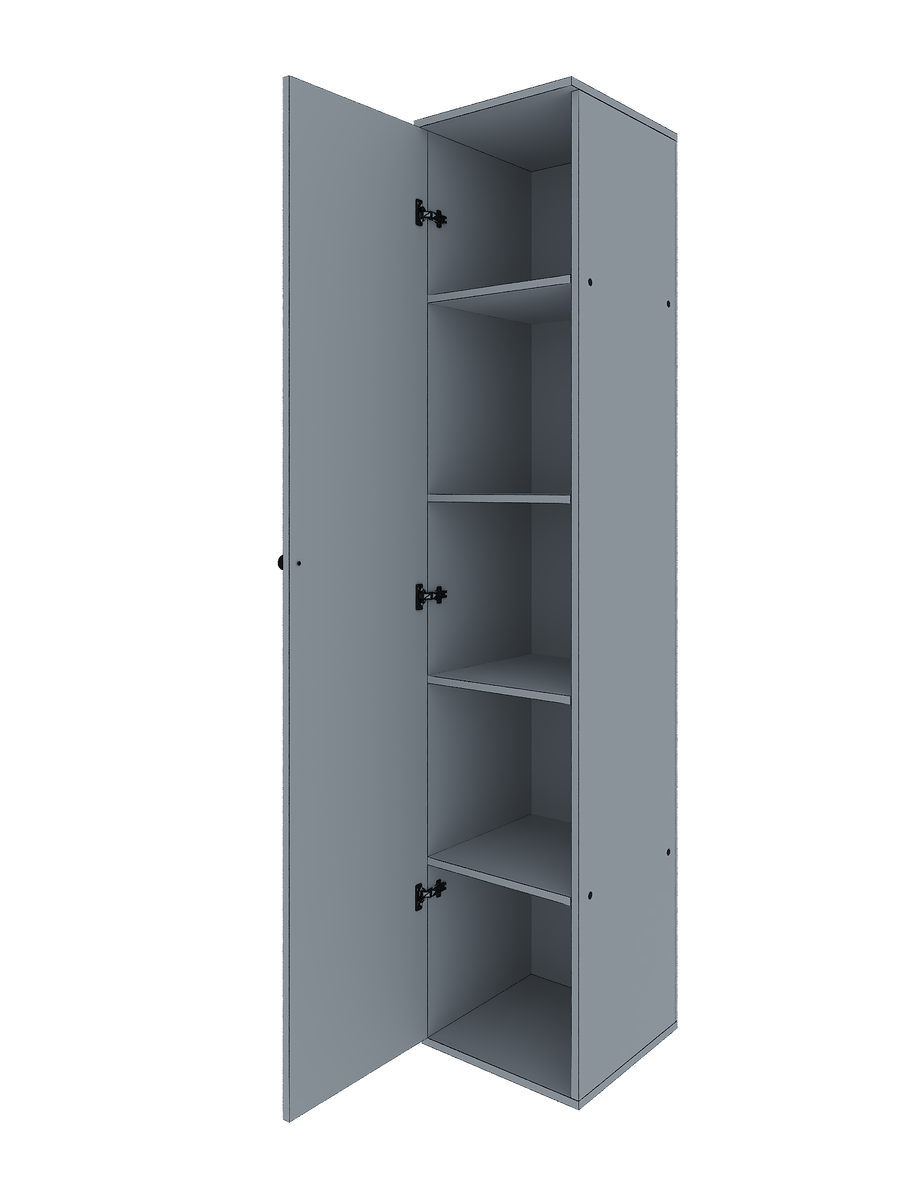 3D модель шкафа. На изображении представлен высокий шкаф с открытой дверцей. Внутри шкафа видны пять полок, расположенных на равном расстоянии друг от друга.