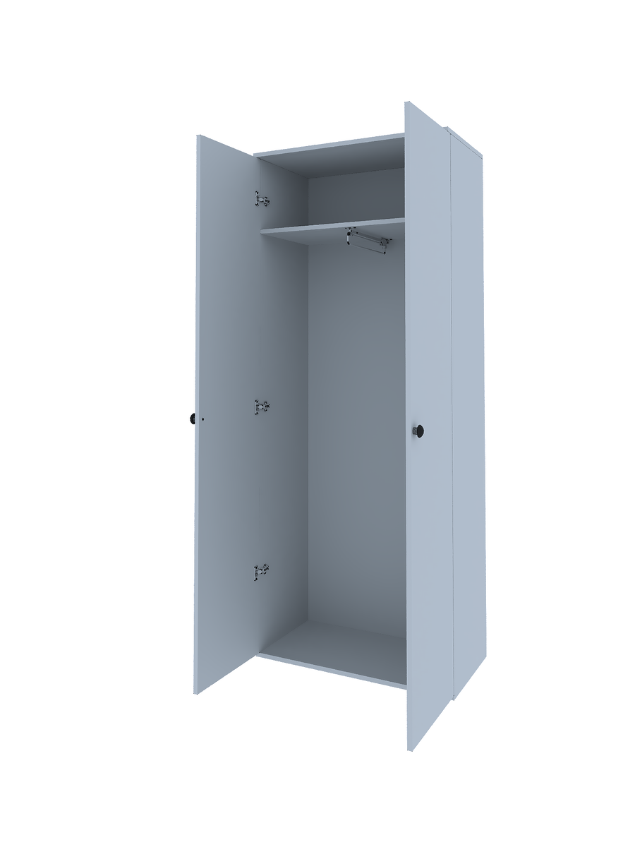 3D модель шкафа. На изображении представлен открытый шкаф. Шкаф без текстуры, имеет две дверцы, которые распахнуты, открывая внутреннее пространство. Внутри шкафа видна полка в верхней части и штанга для вешалок.