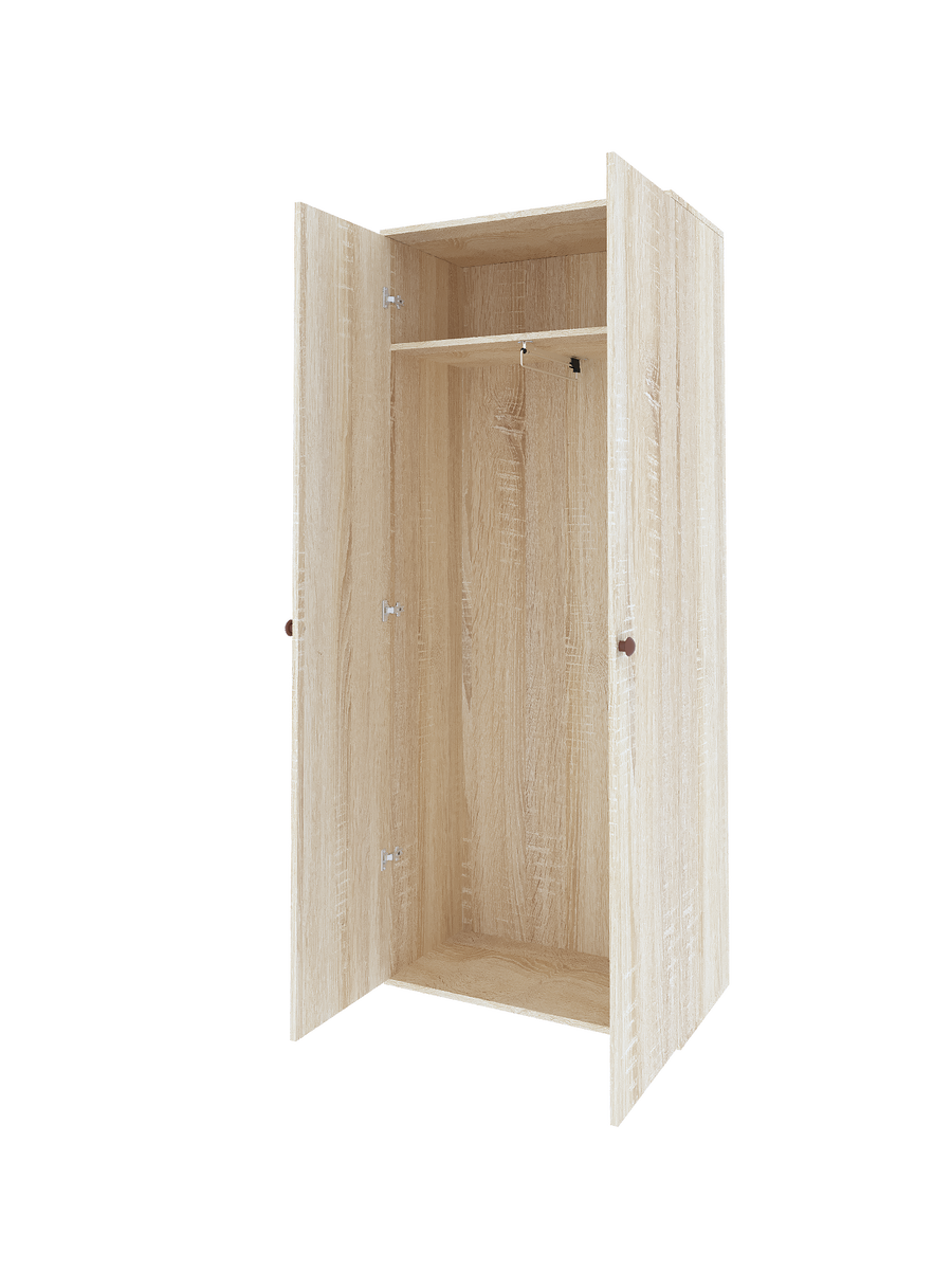 На изображении представлен открытый шкаф для одежды. Это компактный шкаф из ЛДСП, с двумя дверцами, открытыми, чтобы показать его внутреннее пространство. Внутри шкафа видна  полка и штанга для вешалок. Дверцы шкафа открыты примерно на 90 градусов, позволяя полностью видеть внутреннее пространство. Видна текстура поверхности дверей