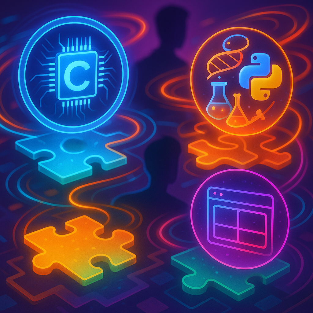 Неоновые голограммы-пазлы символизируют «убийственные» области языков: микрочип C, спираль данных Python и браузер JavaScript, связанные потоками энергии вокруг фигуры разработчика.