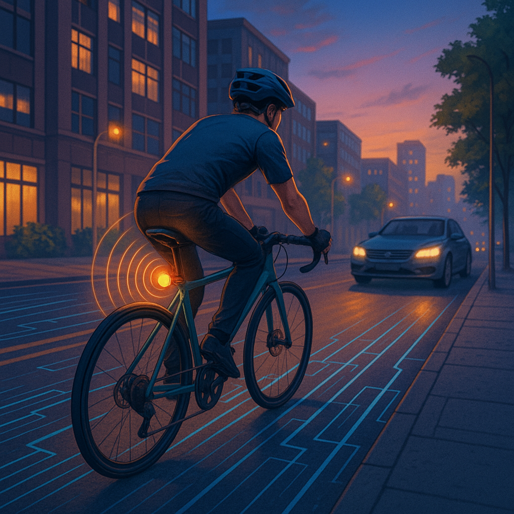 Вечерний город: велосипедист с датчиком ProxiCycle, излучающим оранжевые волны, едет по дороге, подсвеченной цифровыми линиями — визуализация сбора данных для безопасных веломаршрутов.