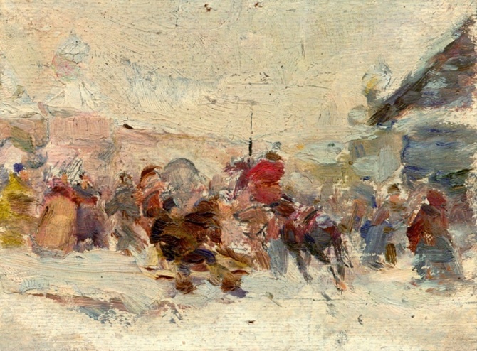 Петр Оссовский. Историческая композиция. 1940. Картон, масло, 8 х 11