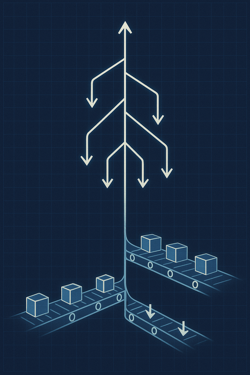 Схема на тёмно-синем «чертёжном» фоне: стрелки-ветви логики поднимаются вверх, а конвейерные ленты с блоками уходят вниз — визуальная метафора принципа «If-ы наверх, For-ы вниз» для чистого и эффективного кода.