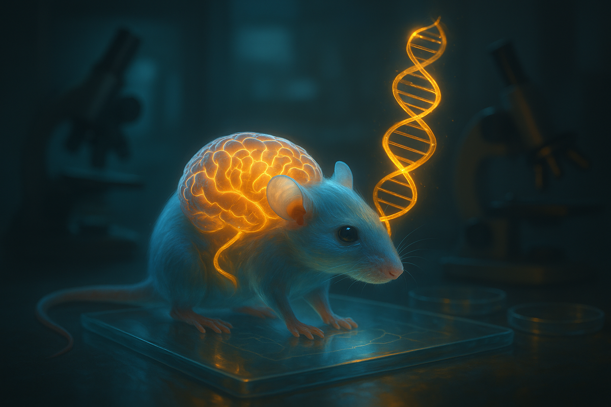 Лабораторная мышь с ярко светящимся увеличенным мозгом и золотой спиралью ДНК — образ эксперимента, показавшего рост мозга у грызунов после внедрения человеческого генетического участка.