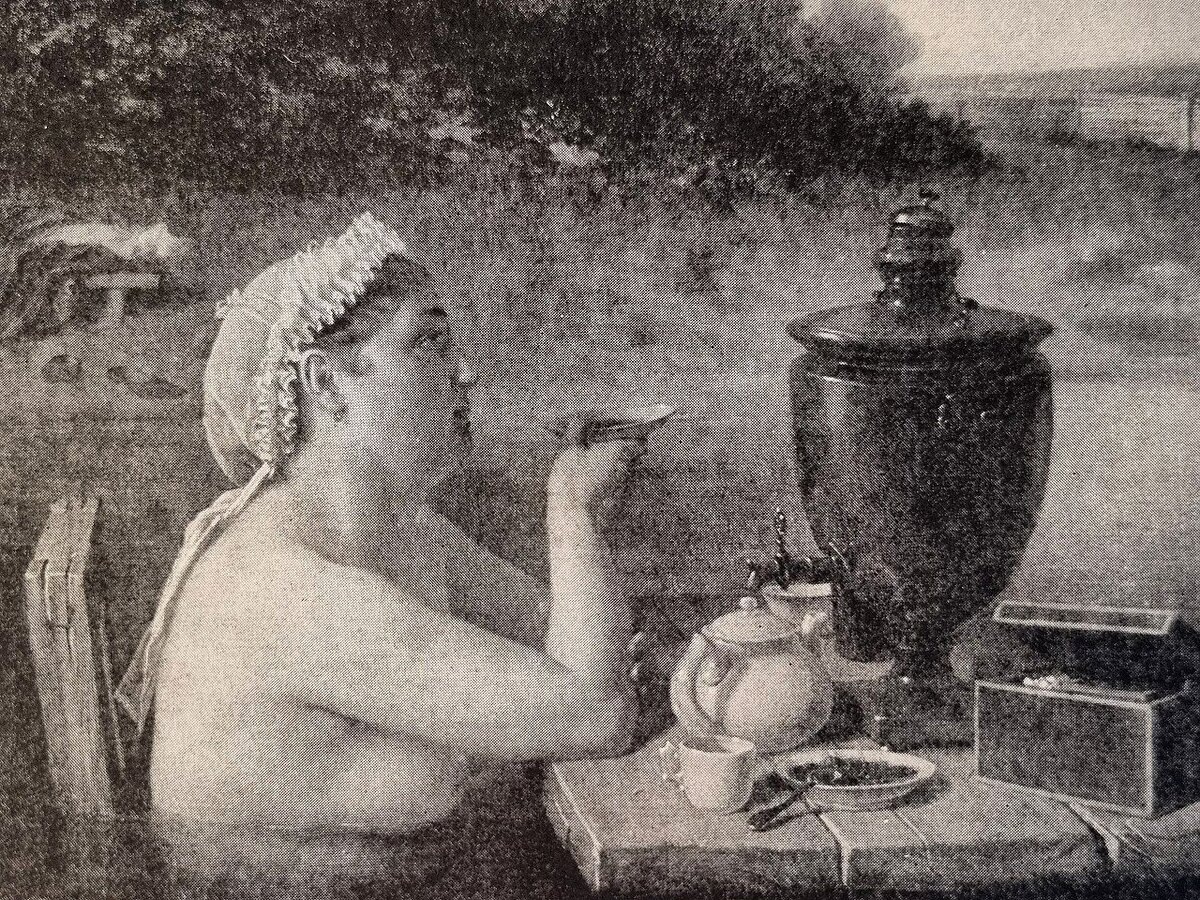 Григорий Семенович Седов, «Купчиха за чаем в летний день», 1867 год. Местонахождение оригинала картины устанавливается