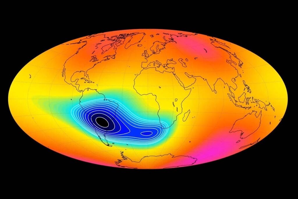 ЮАА — это регион, где магнитное поле Земли примерно на 30% слабее, чем в других регионах на тех же широтах / © physicsworld.com