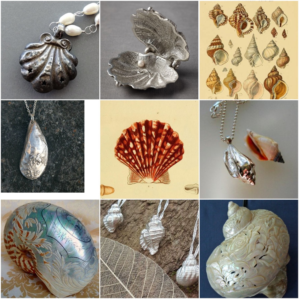1. Украшения и интерьерные объекты из раковин. Иллюстрации из открытых источников. Коллажи авторские.