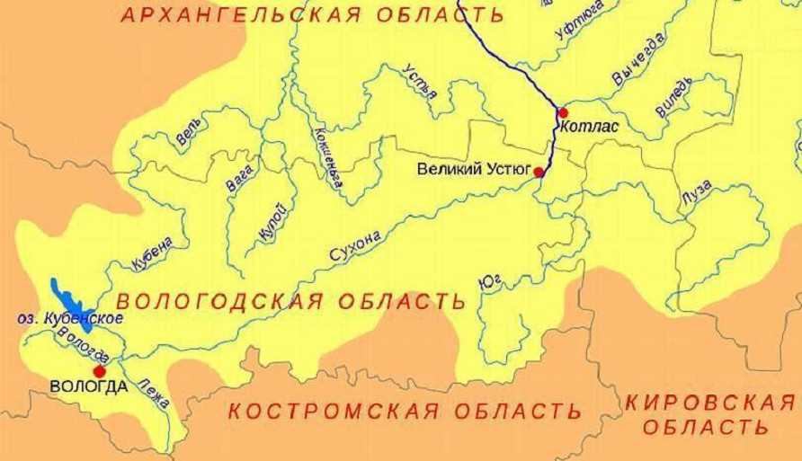 Река Сухона в девой нижней части карты
