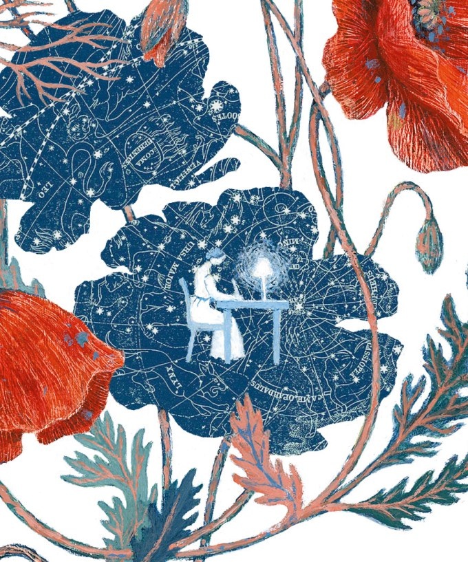 Эмили Дикинсон за работой. Фрагмент иллюстрации Офры Амит для The Universe in Verse .