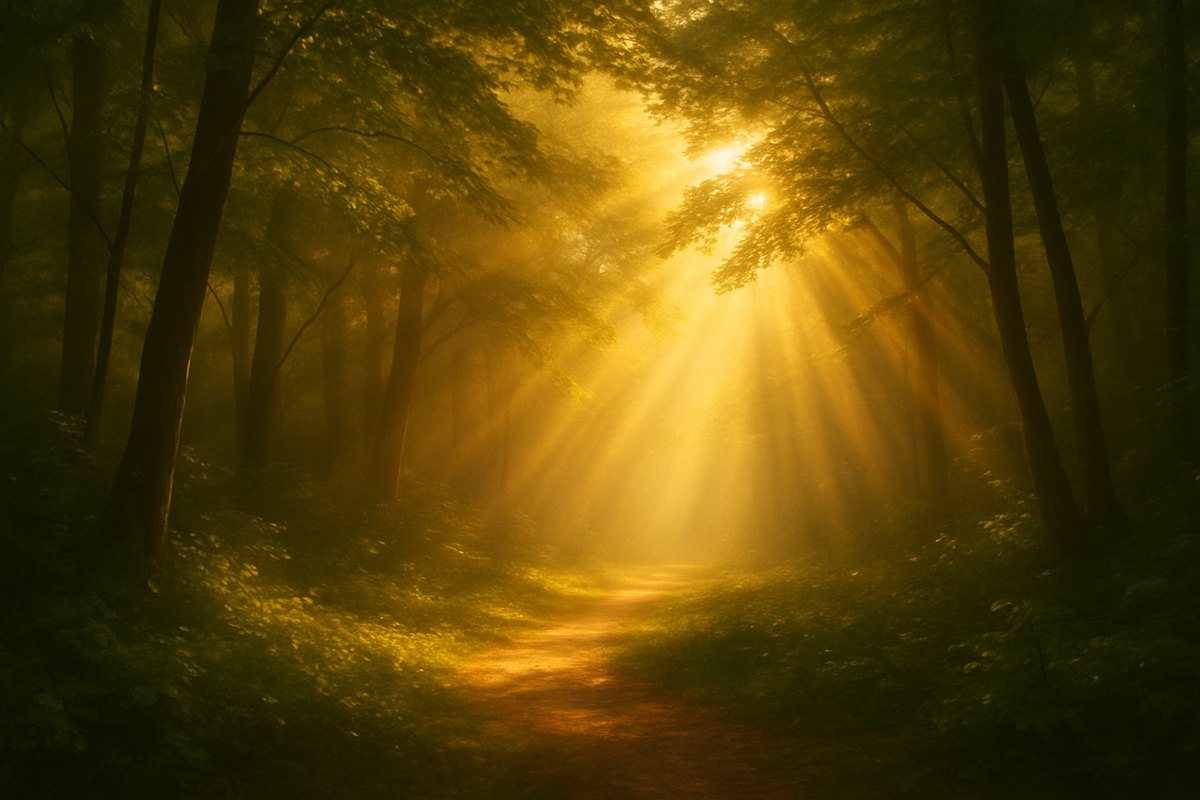 Тёплый солнечный свет, проникающий через листву