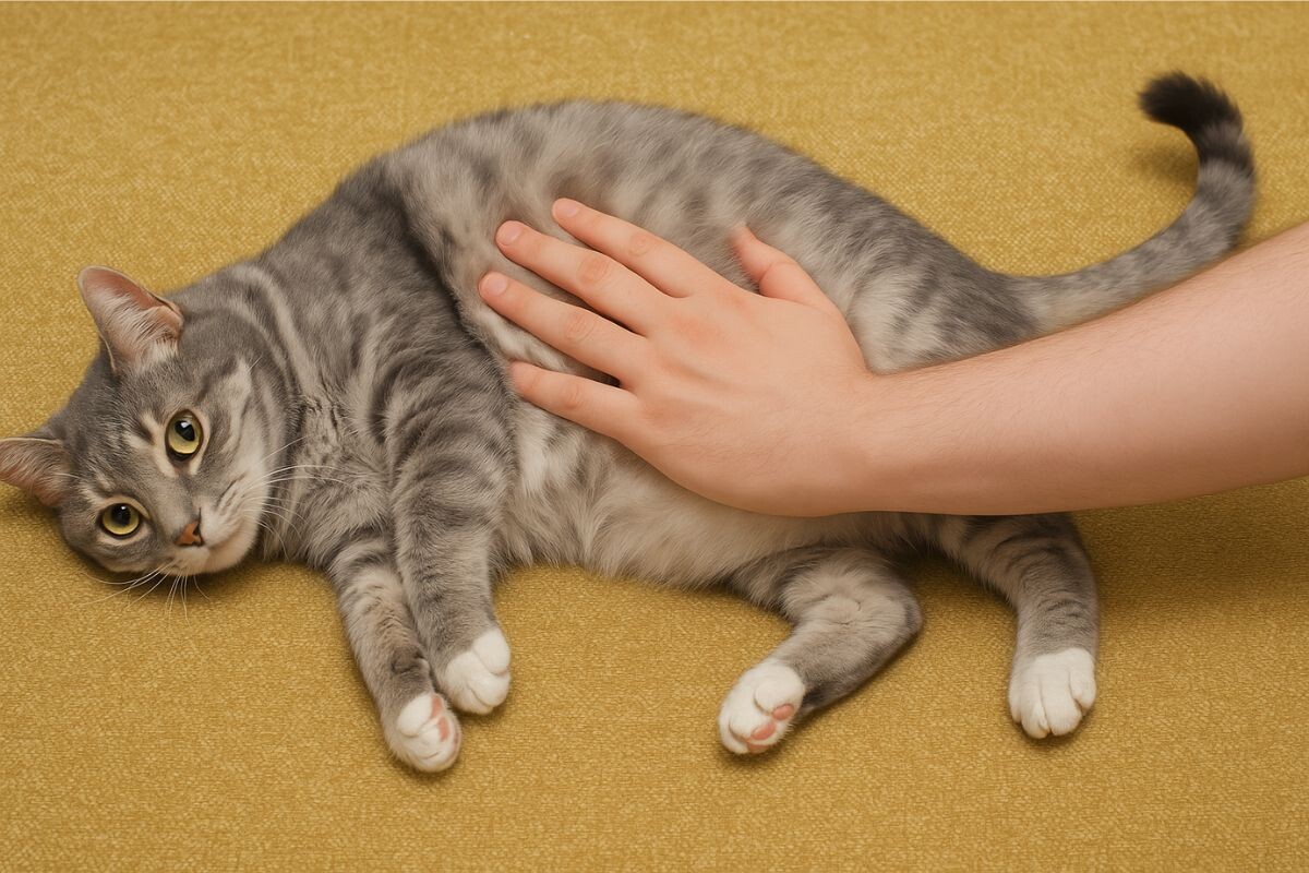 Человек гладит кота по животу