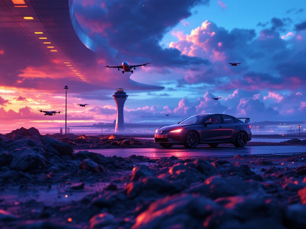    К чему такое снится: На картине изображена машина, остановившаяся на парковке возле футуристичного аэропорта с интегрированными самолетами и дронами, готовыми к взлету. На заднем плане в