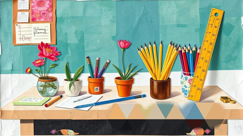 Учительский стол объявляет каникулы: «Карандаши — в бессрочный отпуск, линейка — на йогу от стресса, а цветок... он просто выжил! 🌿✏️🧘»
