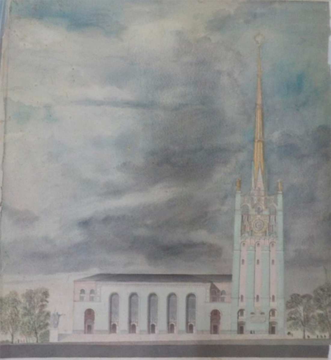 Гольц Г. П. Восстановление и реконструкция г.Смоленска. Здание Горсовета. 1-й вариант.1945. Бумага, акварель, темпера. 82,5х73,5. Государственный научно-исследовательский музей архитектуры имени А.В. Щусева.