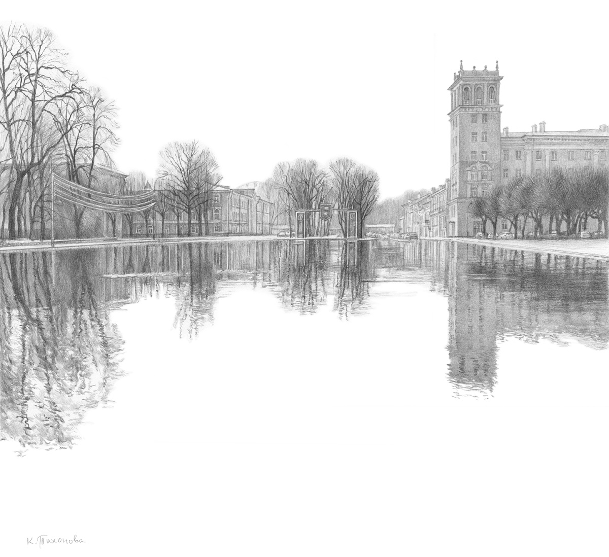 Ксения Тихонова. Серия: Удивительный Смоленск. Лист:  Апрель. Оттепель. 2025. Бумага, графит. 39х42.