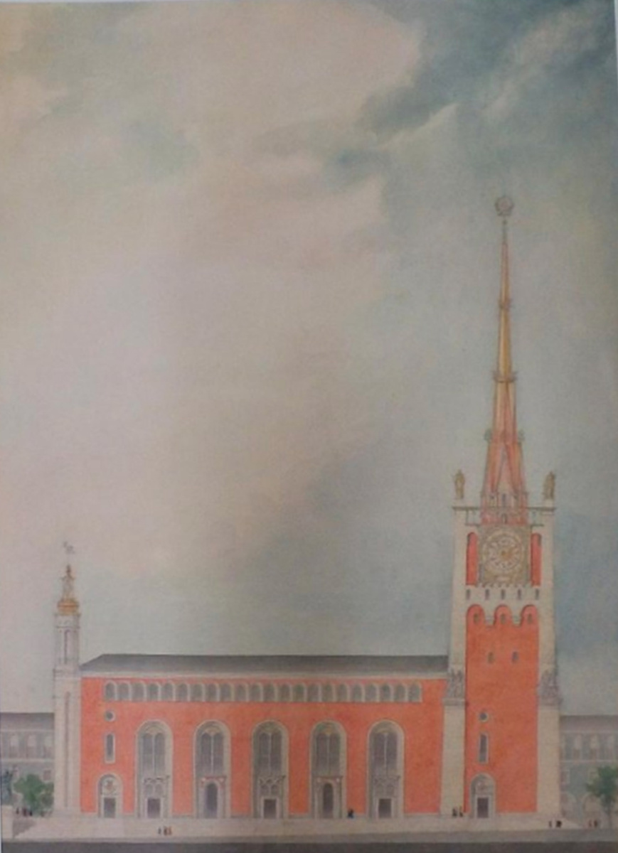 Гольц Г. П. Восстановление и реконструкция г.Смоленска. Здание Горсовета. 2-й вариант.1945. Бумага, акварель, темпера. 82,5х73,5. Государственный научно-исследовательский музей архитектуры имени А.В. Щусева.