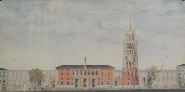 Гольц Г. П. Восстановление и реконструкция г.Смоленска. Здание Горсовета. 3-й вариант.1945. Бумага, акварель, темпера. 82,5х73,5. Государственный научно-исследовательский музей архитектуры имени А.В. Щусева.