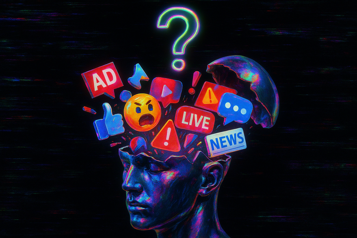 Взрыв мозга в стиле кибер-сюрреализма: поток фейков, рекламы и соцсетей ломает восприятие — визуальный образ необходимости думать критически.