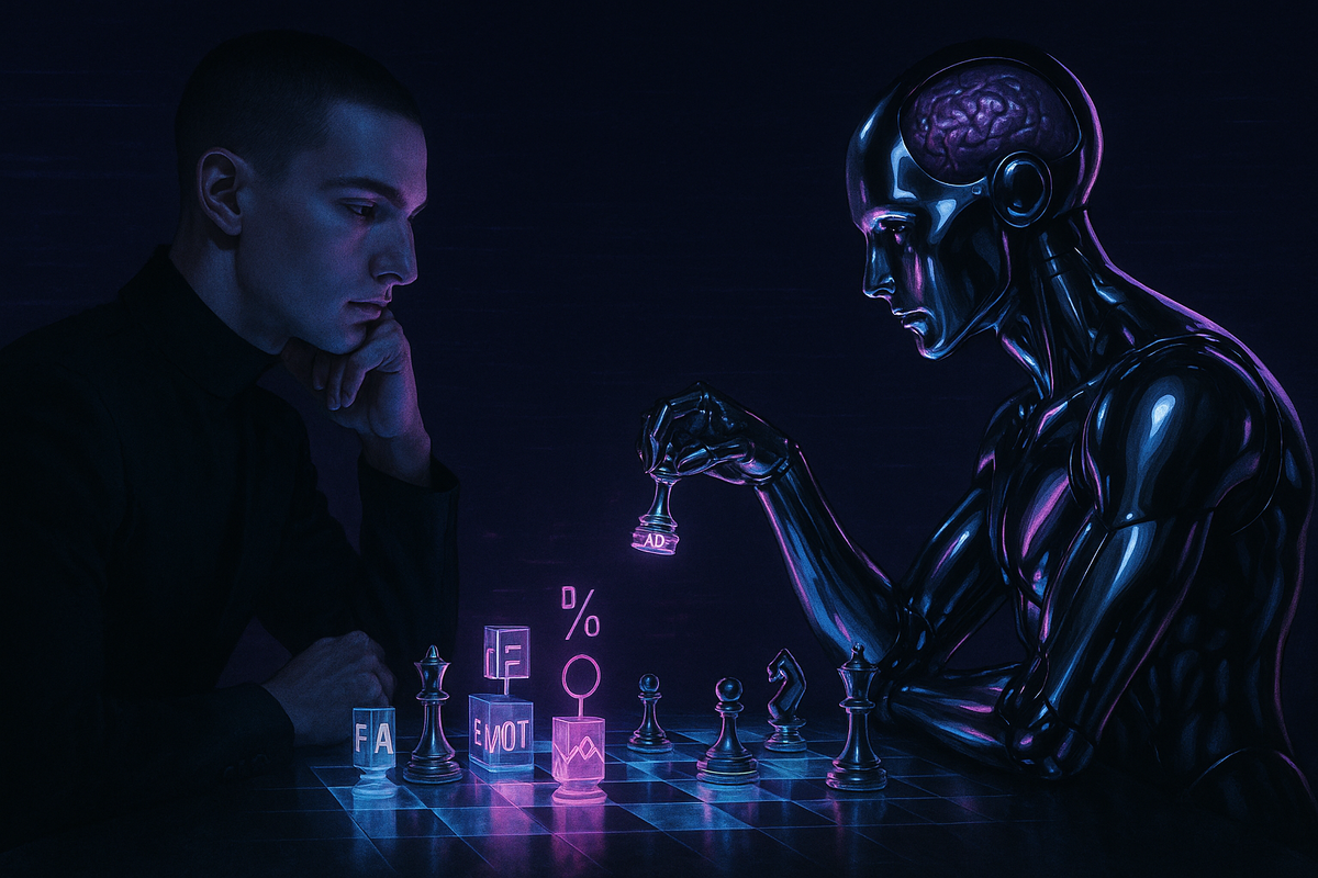 Шахматная битва между человеком и ИИ в киберпанковом мире — визуальная метафора борьбы за мышление в 2025 году.


