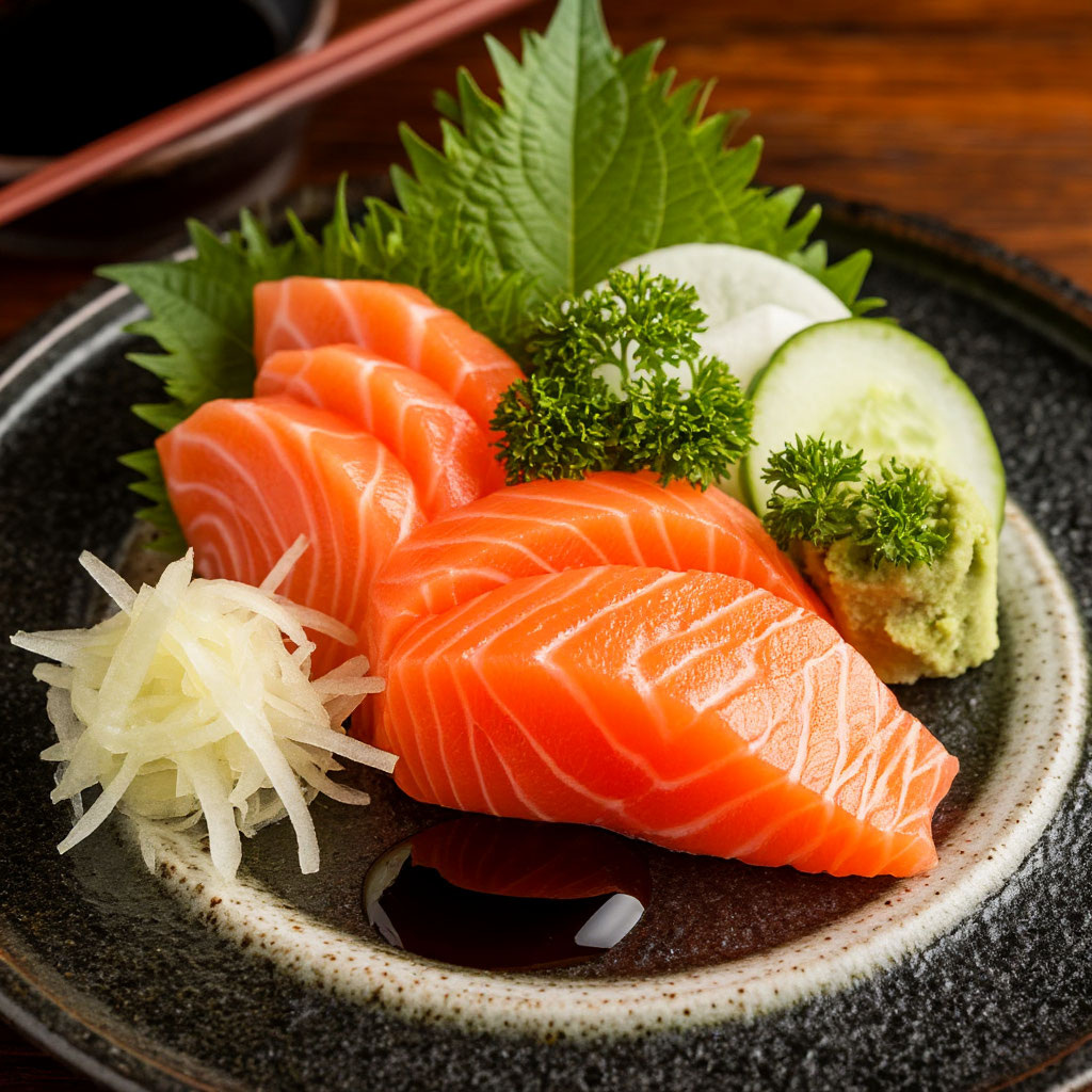 Иллюстрация сашими из лосося, созданная нейросетью 