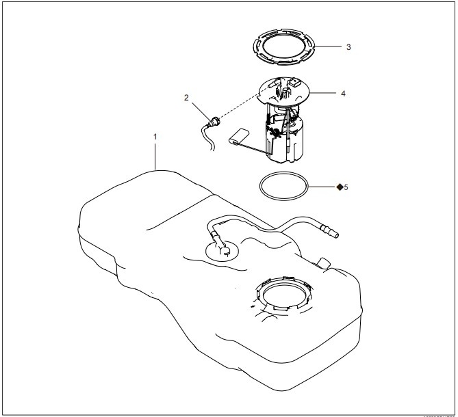 1. Топливный бак
2. Напорный трубопровод топливного бака
3. Уплонение топливного насоса
4. Электрический топливный насос и датчик
уровня топлива
5. Уплотнительное кольцо топливного насоса