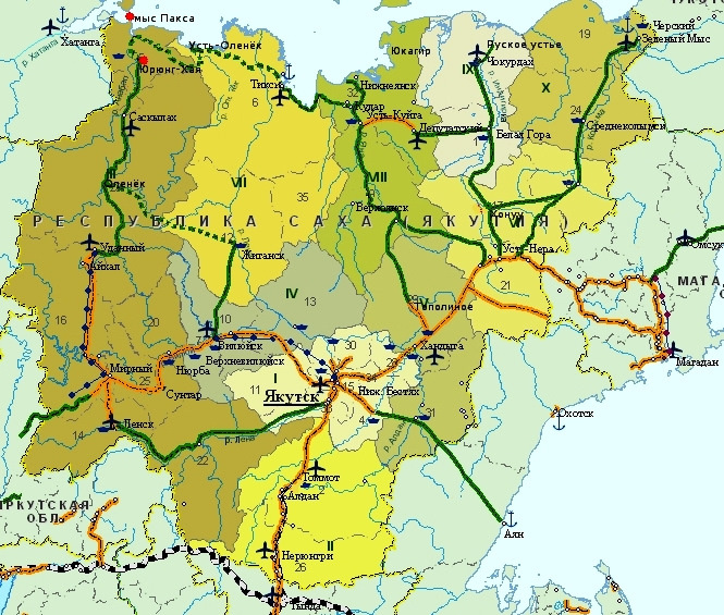 Схема достаточно грубая, но здесь хорошо видно соотношение дорог, где жёлтым показаны круглогодичные дороги, а зелёным зимники.