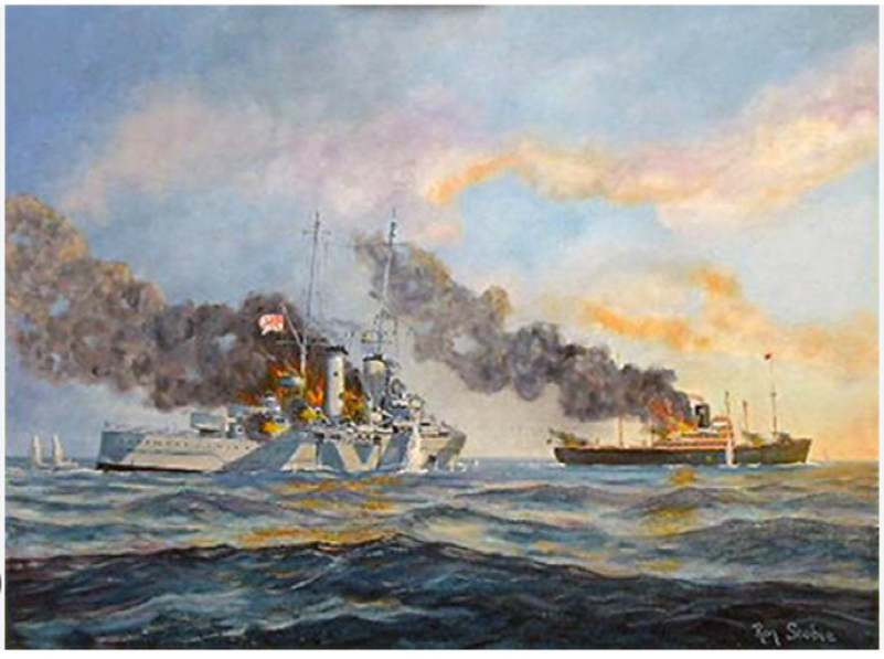 Художественная реконструкция боя между "Сиднеем" и "Кормораном" в исполнении австралийского художника Рона Скоби (Ron Scobie).
