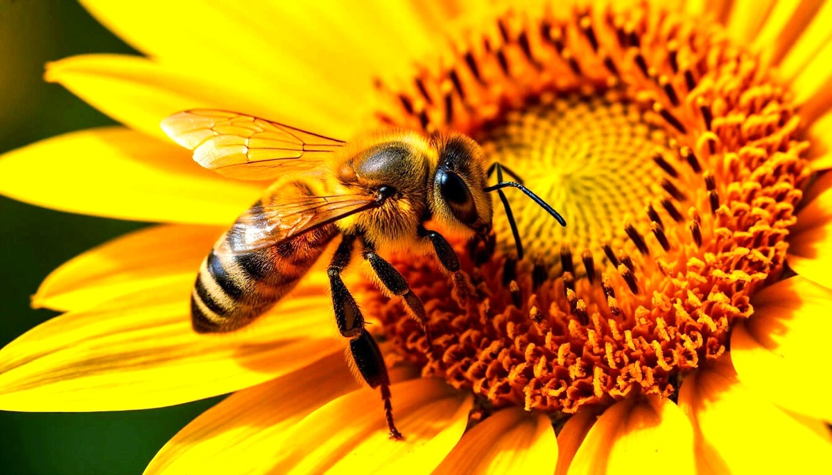 Пчела собирает нектар с подсолнуха.