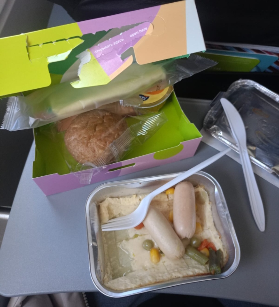 Так в дороге в Москву кормили, а обратно ребëнок не засняла ( давали говядину с рисом). Напитки горячие ещë, батончик . За 4 часа полëта неплохо очень. 