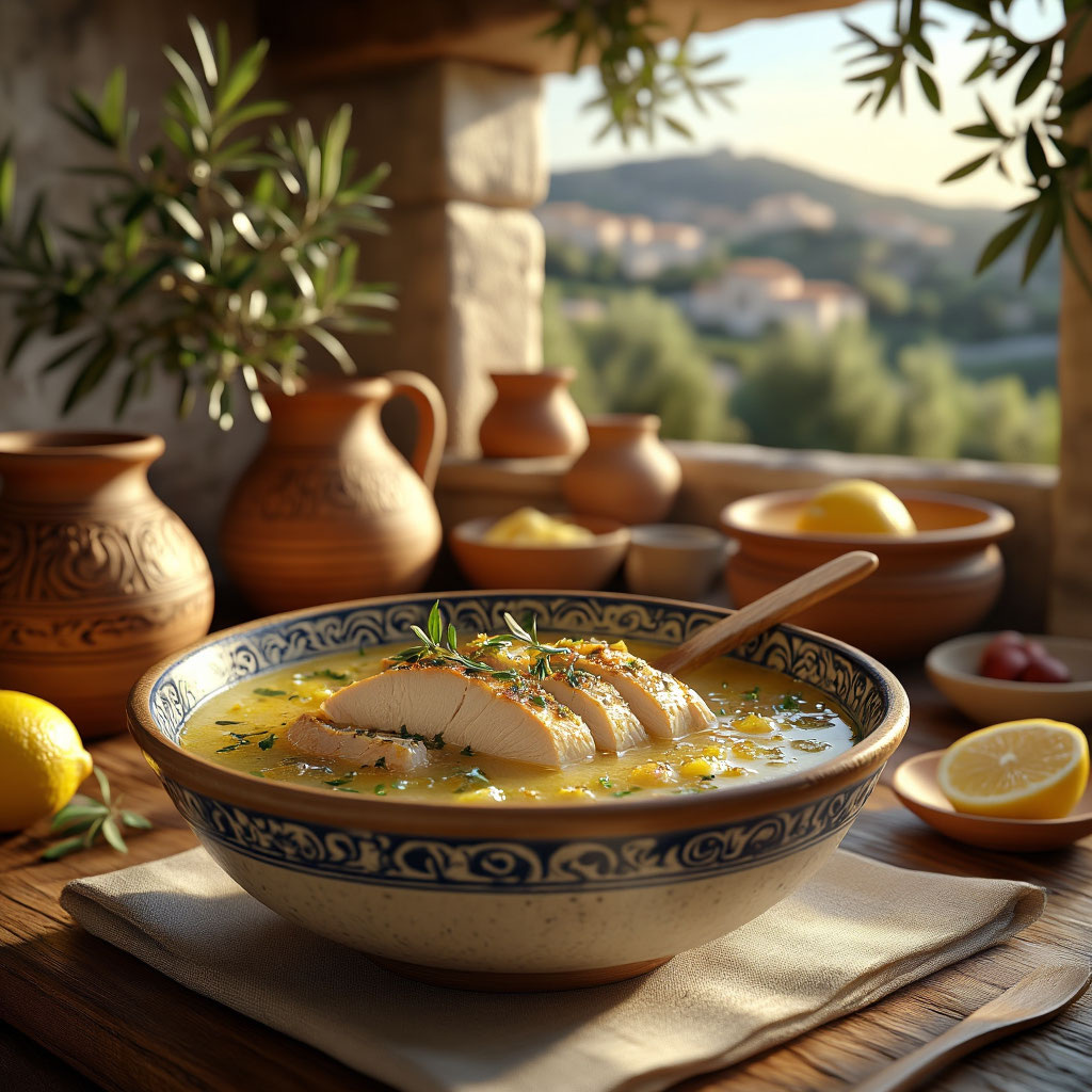 Греческая кухня. Лимонный суп с куриной грудкой.
