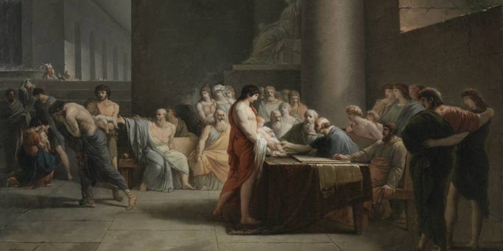 Жан‑Пьер Сен‑Урс. Отбор детей в Спарте. Картина 1785 года. Изображение: Public Domain. Источник: https://cdn.lifehacker.ru/wp-content/uploads/2021/12/JEAN-PIERRE-SAINT-OURS_GERICHT-UEBER-DIE-NEUGEBORENEN-SPARTAS_CC-BY-SA_BSTGS_2358_1639979113-1024x512.jpg