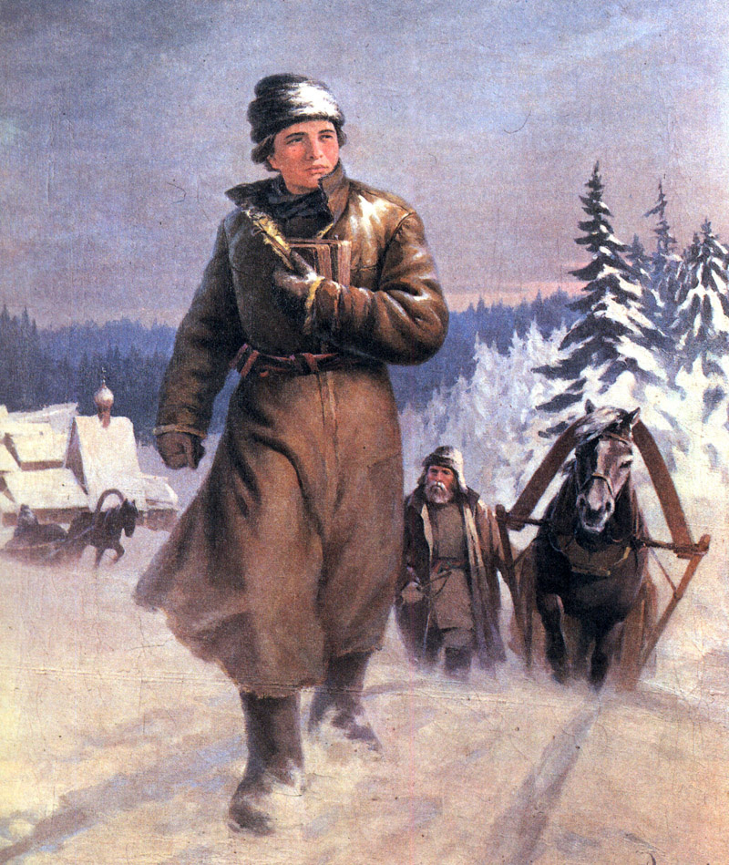 Михайло Ломоносов шагает в Москву с обозом. 