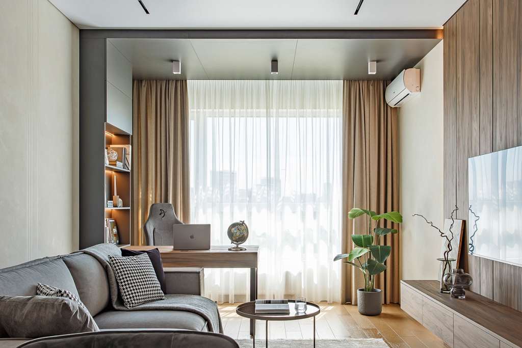 Декоративное покрытие Tessuto, армирующее покрытие Systexx Fleece V22 by Vitrulan - всё Derufa; пол, Door&Floor; треки, точечное освещение - всё ASTELLA; строительные работы, DIZZZARIUM