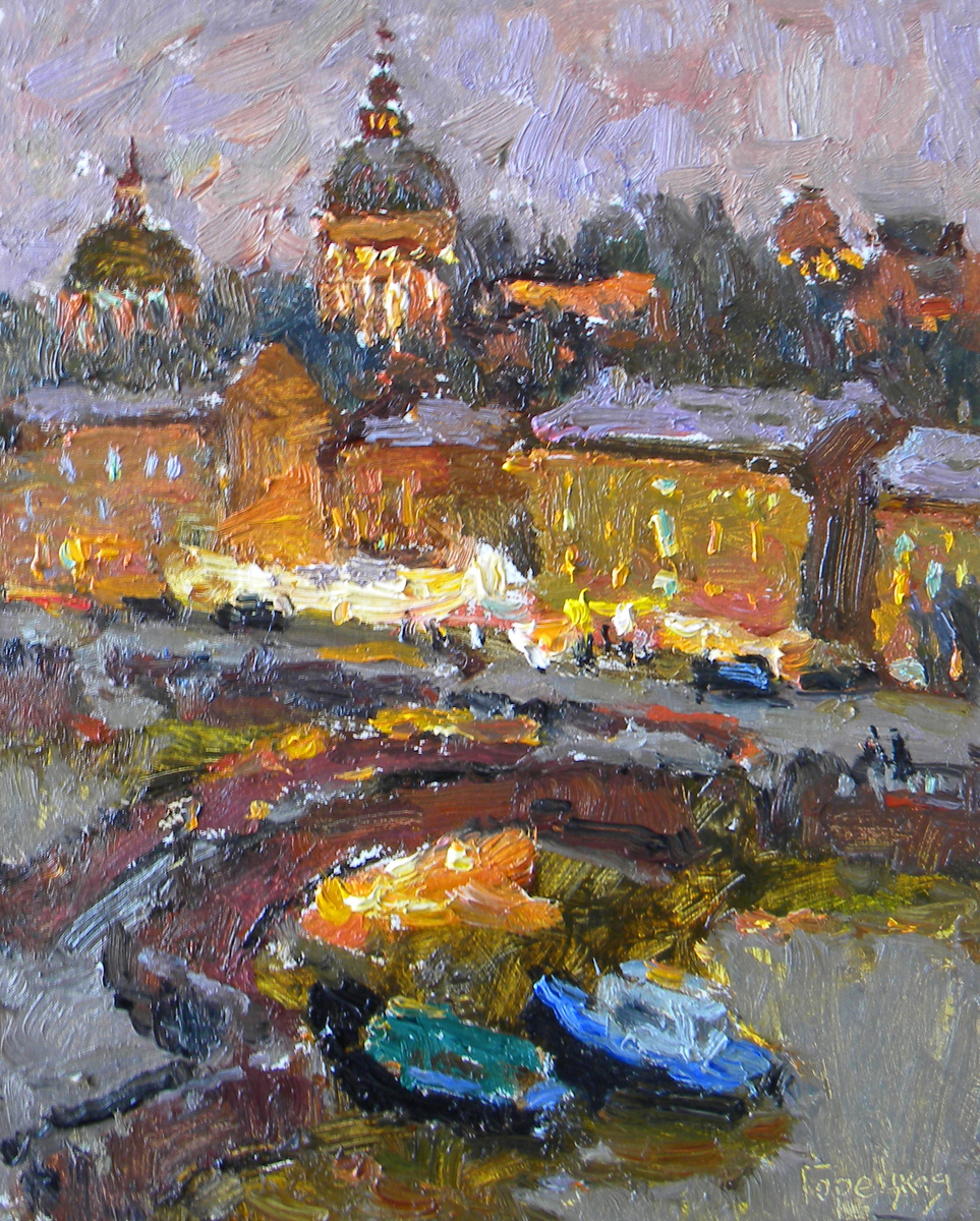 Полина Горецкая Этюд к работе "Ночной Питер" 2025 картон, масло 30х20