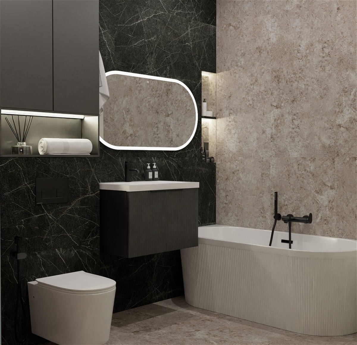 плитка: Idalgo, София (цвет черно-оливковый) + Idalgo, Доломити Базальто