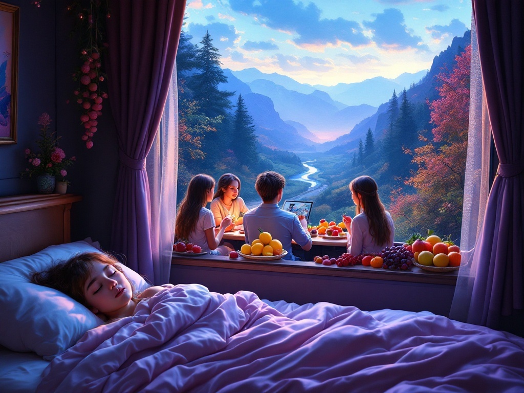    К чему такое снится: Художник рисует поезд, движущийся сквозь живописный пейзаж. В вагоне видны сидящие люди: друзья и одногруппники, а также различные фрукты на столах или в руках пасса